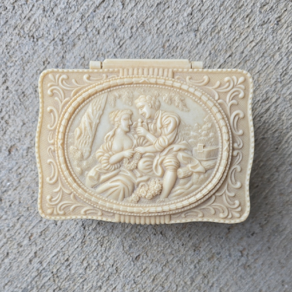 Vintage Ornate Celluloid Footed Cream Decorative Trinket Jewelry Box
